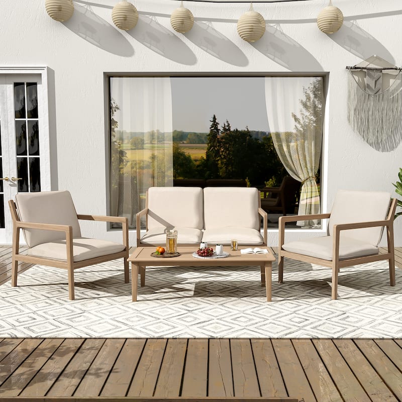Christopher Knight Home - Isolde Outdoor Acacia Wood Chat Set with Cushions - 4-PCS SET - Light Teak + Beige