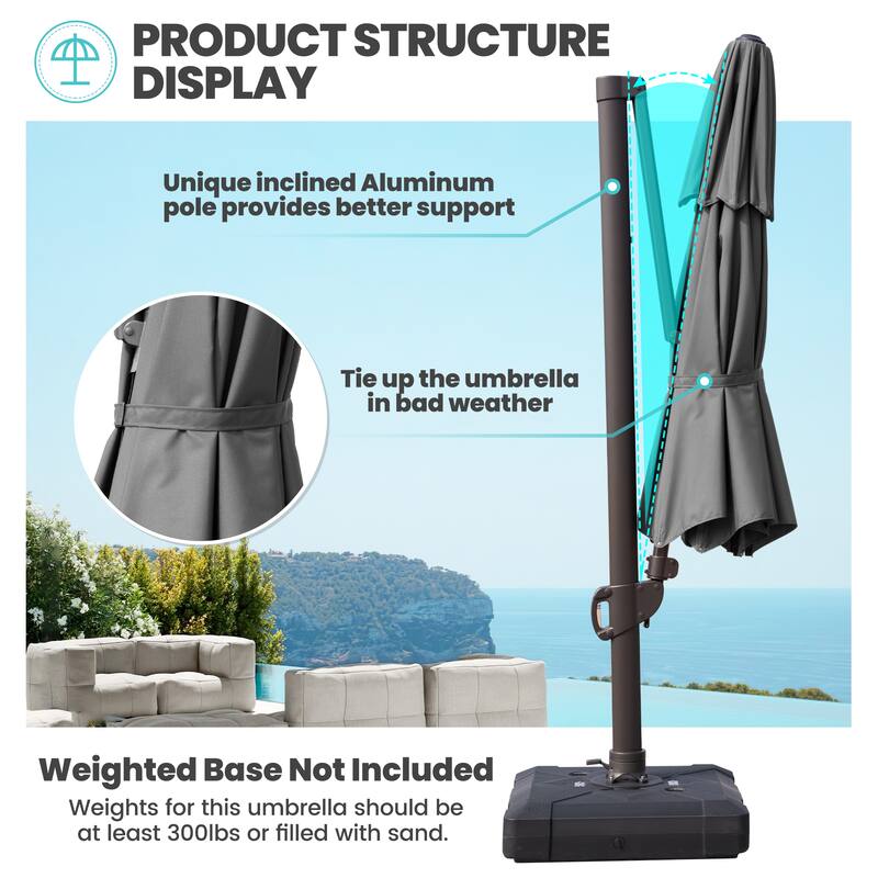 11 FT Square Outdoor Double Top Solar Powered LED Patio Cantilever Umbrella