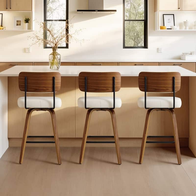 Spruce & Spring 26" Swivel Bar Stool with Bentwood Back or PE Rattan Back - Set of 3 - Ivory-Padded Back