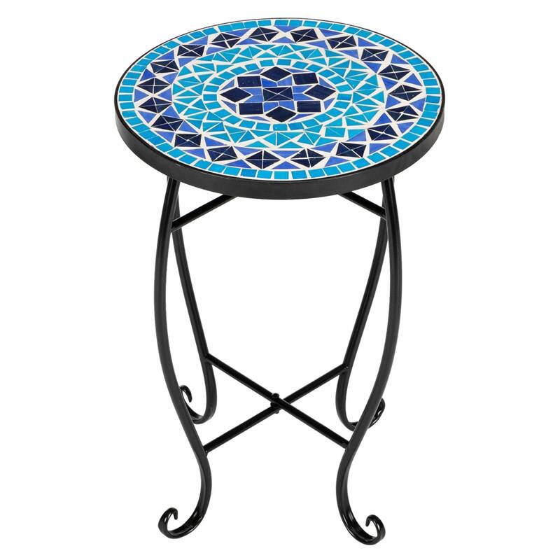 Mosaic Round Terrace Bistro Table Side Table With Coloured Glass - Blue