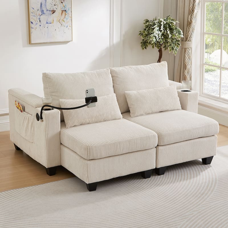 63" Convertible Chaise Lounge Chair, Corduroy Upholstered Sofa Bed with USB Ports & Cup Holders, Living Room Loveseat Sofa