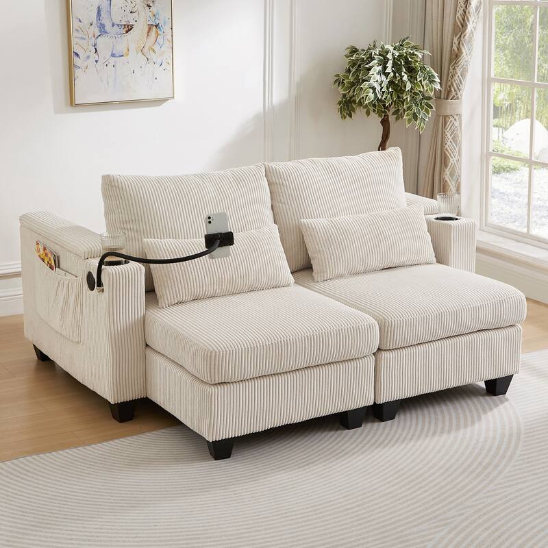 Sofa Chair with Armrests, 2-in-1 Corduroy Loveseat & Chaise Lounge, Sofa Bed Sleeper Sofa with Cup Holders & Side Pockets