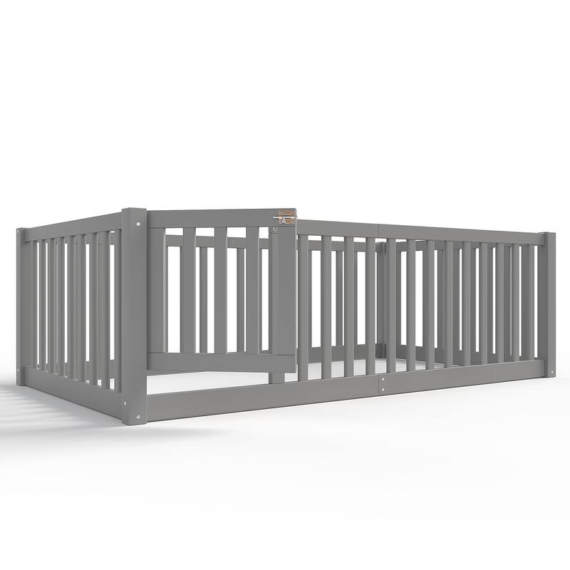 Montessori Floor Bed with Safety Guardrails & Door, Kids Low Profile Frame, Available in Queen/Full/Twin