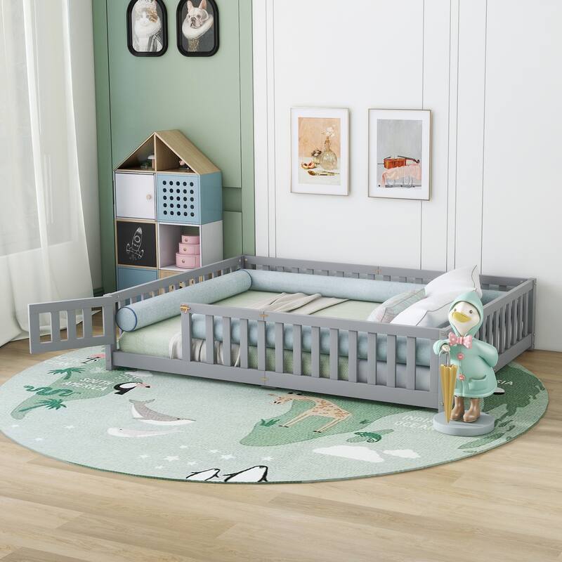 Queen Size Bed Floor Bed with Safety Guardrails and Door for Kids - Bed ...