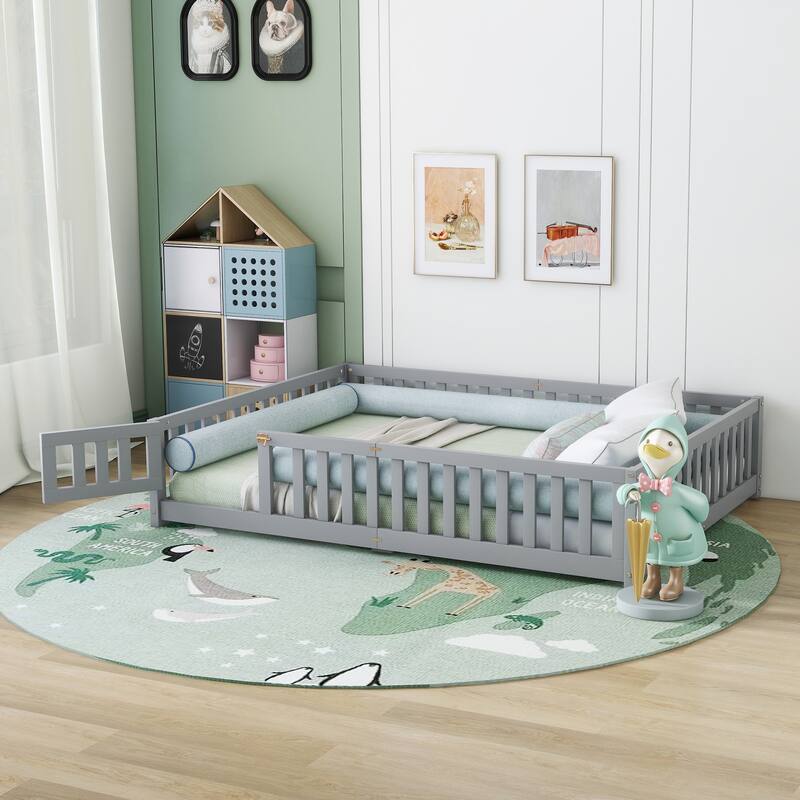 Twin/Full/Queen Size Floor Bed with Safety Guardrails for Kids, Wood Montessori Bedframe w/ Door, Children's Noiseless Beds