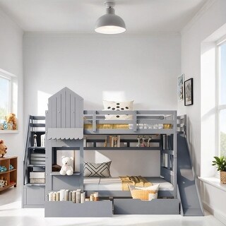 Full-Over-Full Bunk Bed with 2 Drawers, Castle Style Bed with 3 Storage Shelves, Storage Bed with Slide, Gray