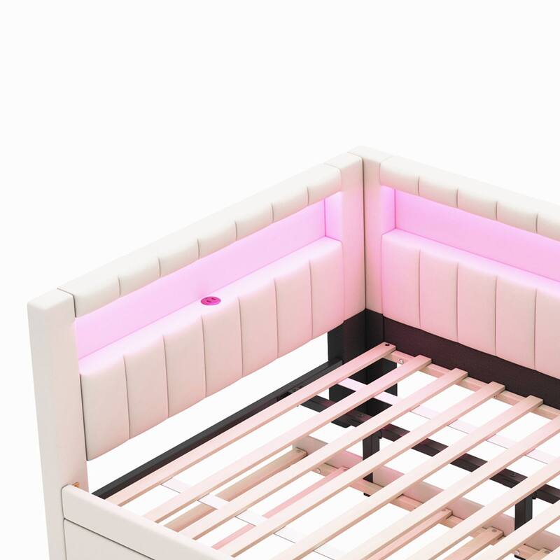 L-Shaped Daybed Linen Upholstered Corner Sofa Bed Built-in USB Ports and LED Belt Platform Bed with Optional Trundle or 2 Drawer
