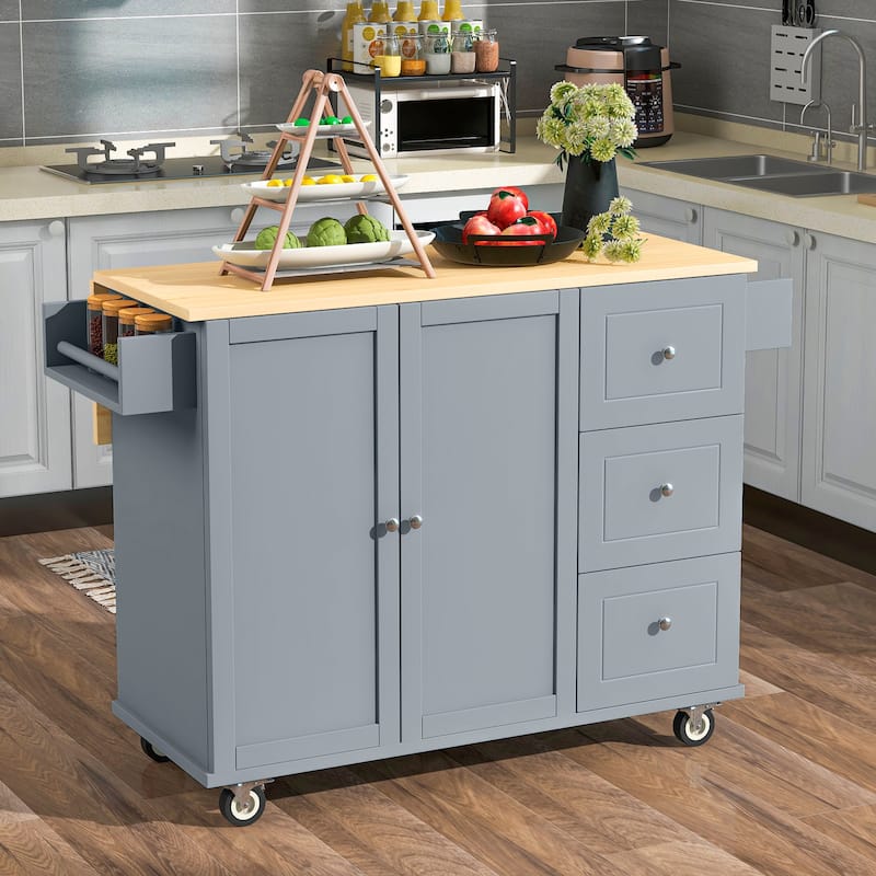 Rolling Kitchen Island with Solid Wood Top, Storage Cabinet and Drop Leaf Bar w/Spice Rack, Towel Rack for Living Room