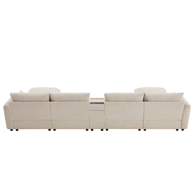 Oversized U Shaped Modular Sectional Sofa with 2 Storage Ottomans, Chenille 6 Seat Sofa with Console, Cup Holder & USB Charger
