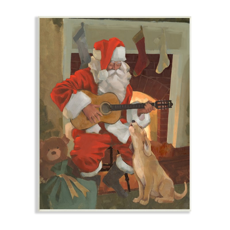 Stupell Santa Clause Playing Guitar Christmas Family Dog Singing Wood Wall Art - 13 x 19