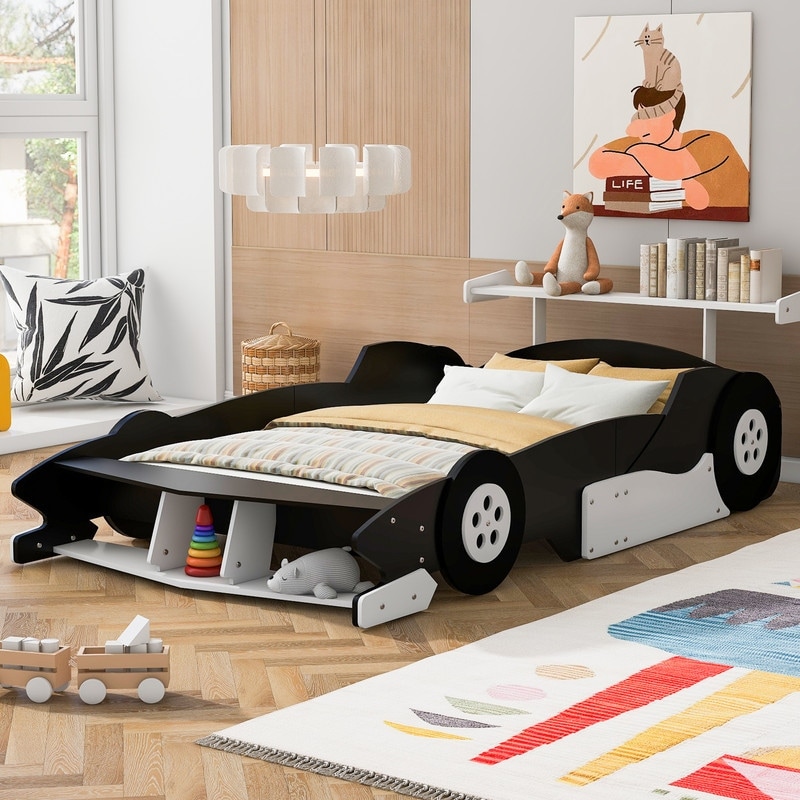 Full Size Car Shaped Platform Bed Kids Race Car Bed with Wheels Blue