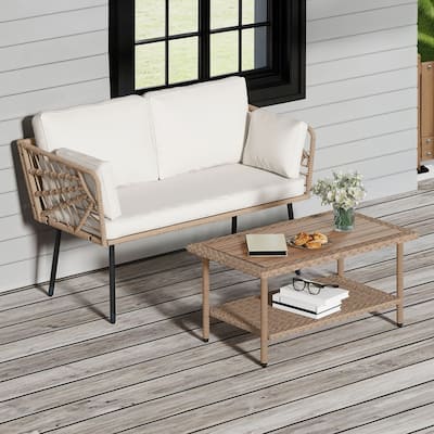 Moasis 2 Pieces Patio Furniture Set,Rattan Wicker Loveseat with Coffee Table