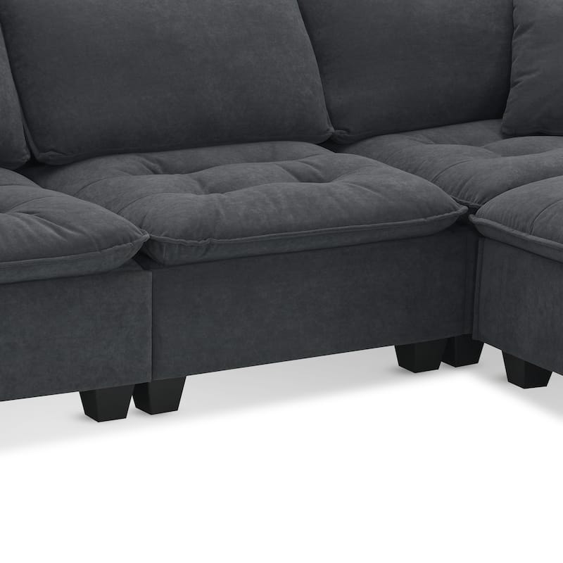 100" L-Shaped Suede Sectional Sofa with Ottoman and Pillows, 4-Seater Sleeper