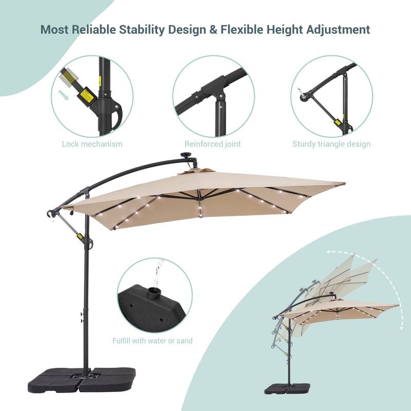 BONOSUKI 8.2Ft Solar Powered Cantilever Patio Umbrella With Base