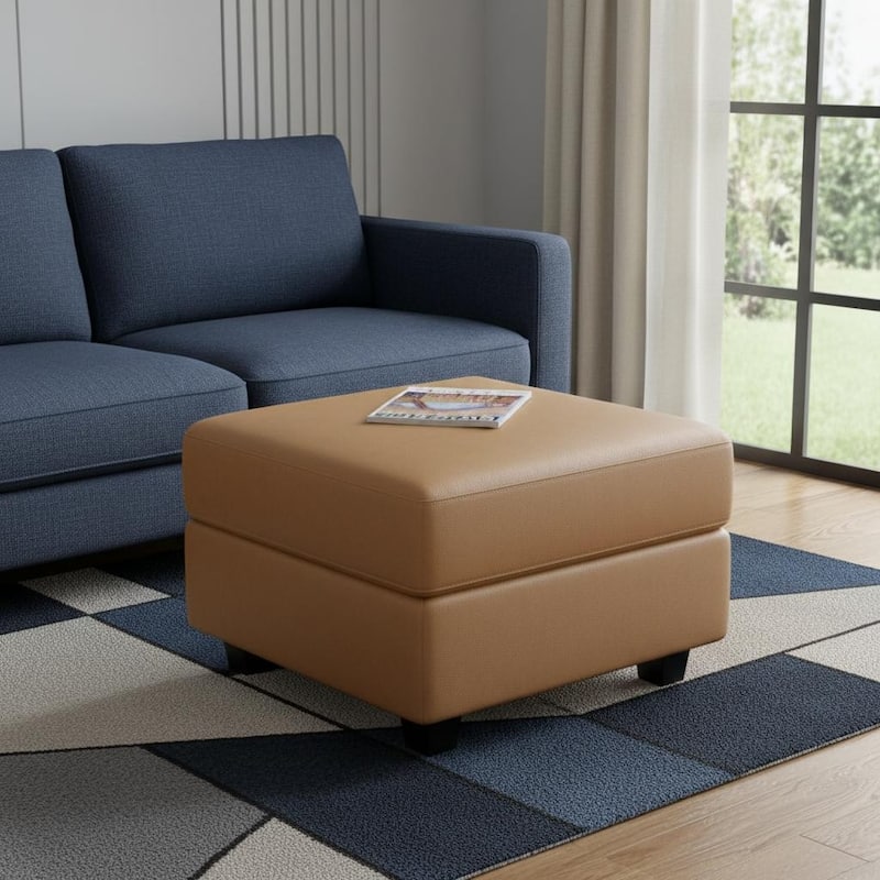 HomeRoots 26" Beige and Black Faux Leather Storage Ottoman - Brown