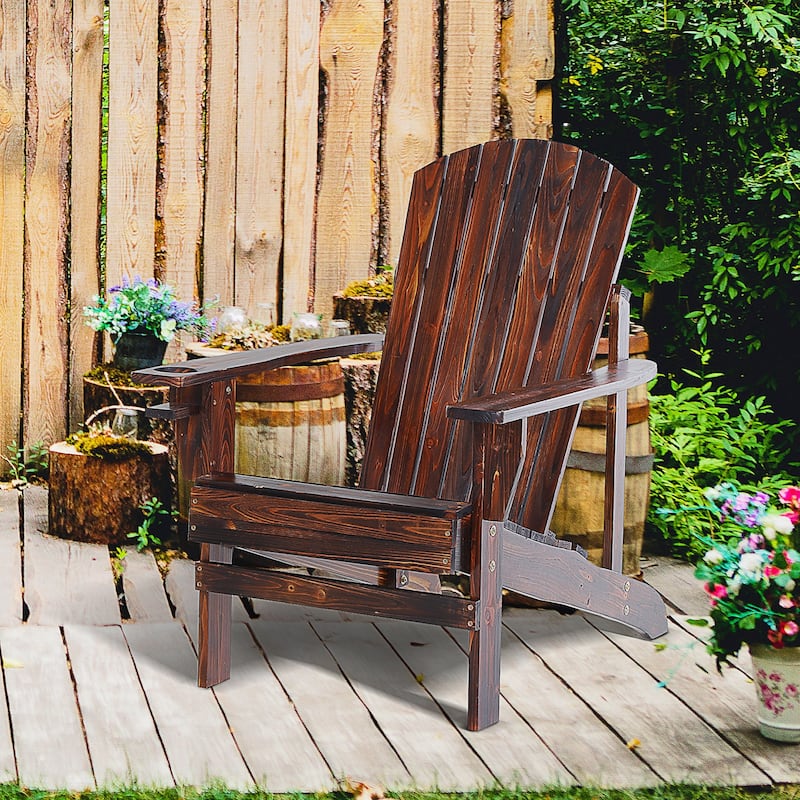 Outsunny Oversized Fir Wood Adirondack Chair with Cup Holder - Brown