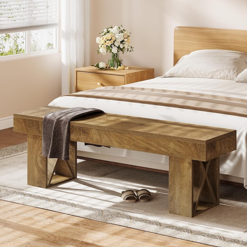 55" Extra Long Entryway Bench, Farmhouse Wooden Entry Shoe Bench Seat for Hallway, Bedroom, Living Room, Brown