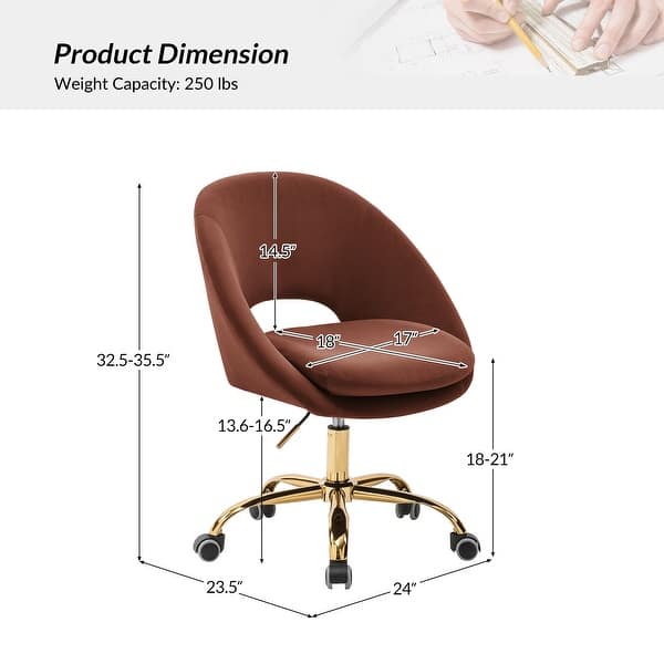 dimension image slide 12 of 18, HULALA HOME Ramona Modern Velvet Height Adjustable 360 Swivel Task Chair with Metal Base