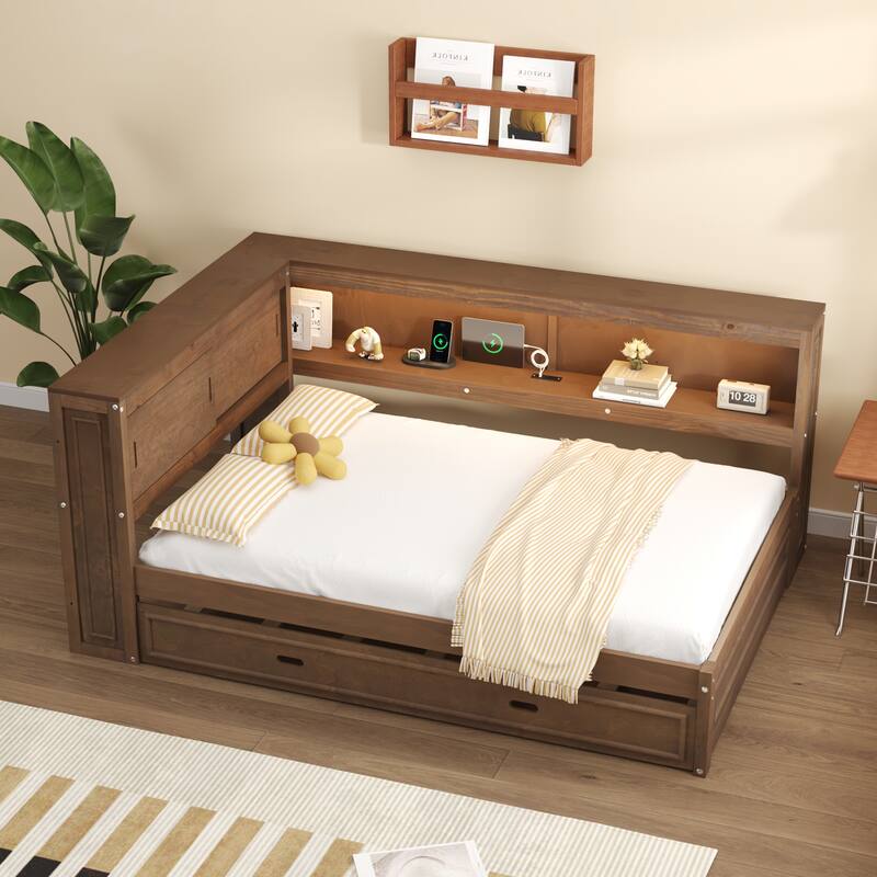 Full Size Daybed with Storage Shelves, USB Charging, LED Lights, and Twin Trundle (600lb Capacity)