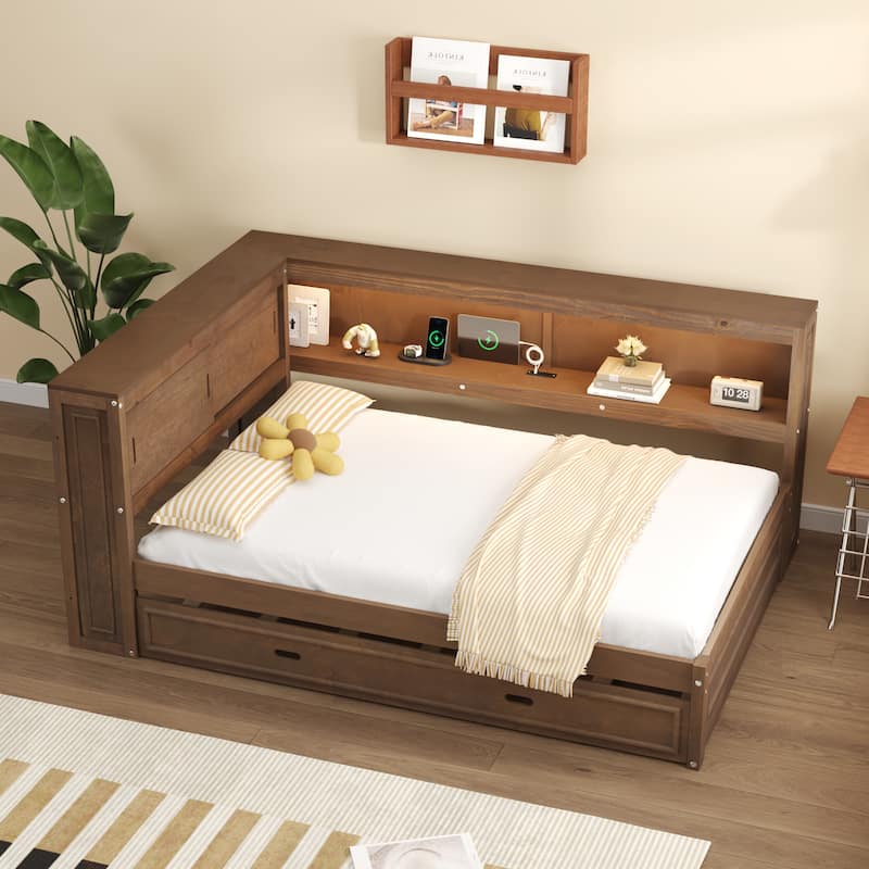 Full Size Wooden Daybed Frame, L Shape Floor-Bed with Storage Shelves, USB and LED Trundle for Bedroom, Apartment