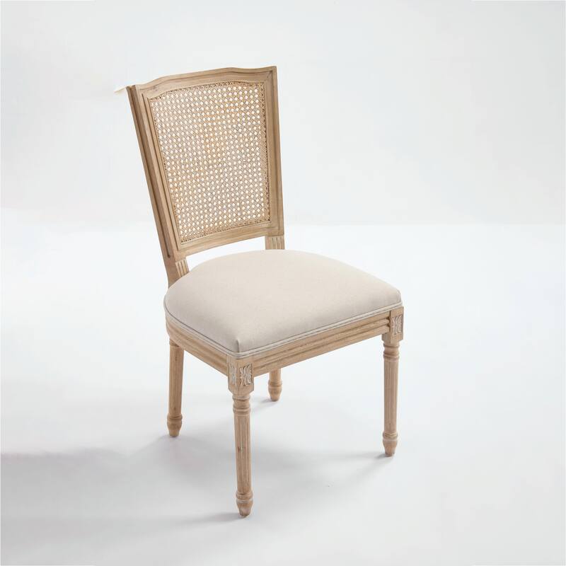 Set of 2 French Country Dining Chairs, Upholstered with Natural Rattan T-Shaped Back