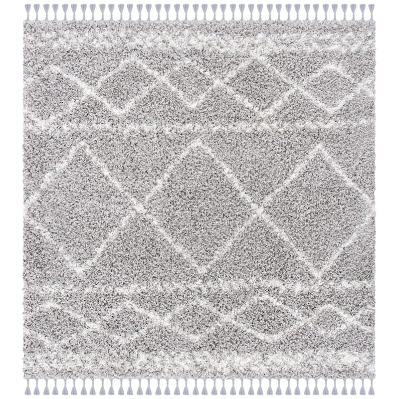 SAFAVIEH Pro Lux Shag Dottie Moroccan Tassel 2.4-inch Thick - 6'7" Square - Grey/Ivory - Runner/Square
