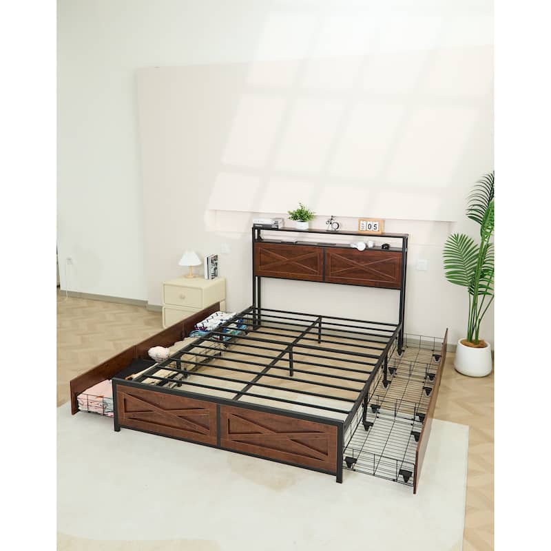 Full Bed Frame with Storage Drawers, Charging Station, RGB LED Lighting, Easy Assembly, Durable Metal Construction