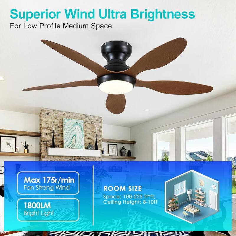 46" Modern Flush Mount Ceiling Fan with LED Light and Remote APP Control Reversible DC Motor for Living Room Bedroom - 46 Inches