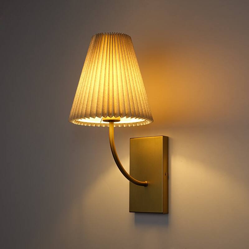 Mid-Century 1-Light Pleated Ivory Fabric Armed Wall Sconce