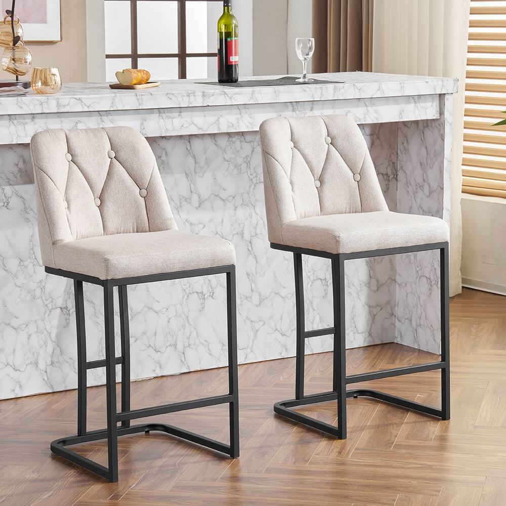 Upholstered Bar Stools Set of 2, Counter Height Bar Stools with Button-Tufted Backrest, Kitchen Island Chairs with Metal Frame