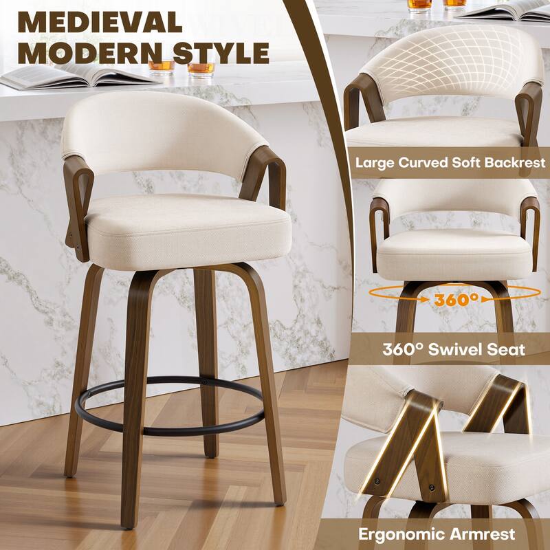 Mid-Century Upholstered Swivel Bar Stool/ Counter Stools with Curved Back - 37.5"H x 20.9"W x 19.9"D