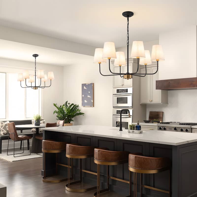 6-Light Metal Chandelier with White Linen Shades