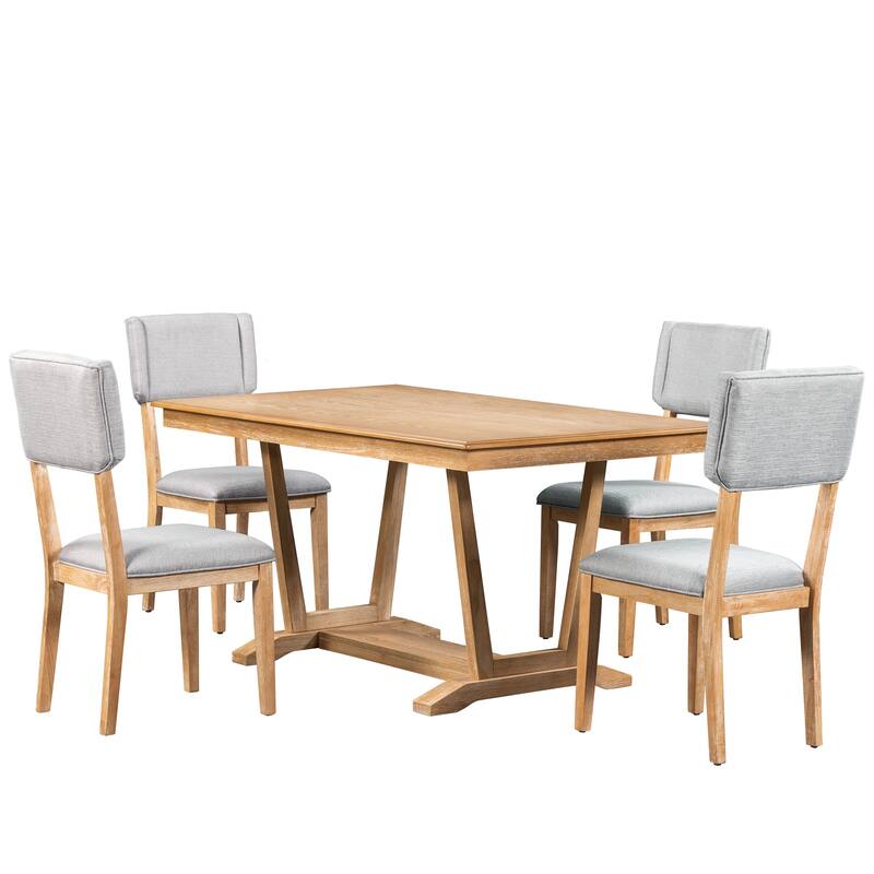 Roomfitters Rustic 5-Piece Dining Table Set with 4 Upholstered Chairs, Trestle Base