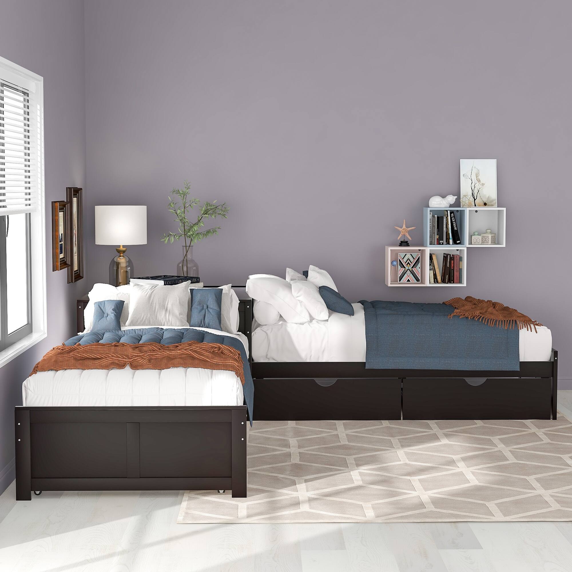 LShaped Twin Size Platform Beds with Trundle & Drawers Linked w/Built