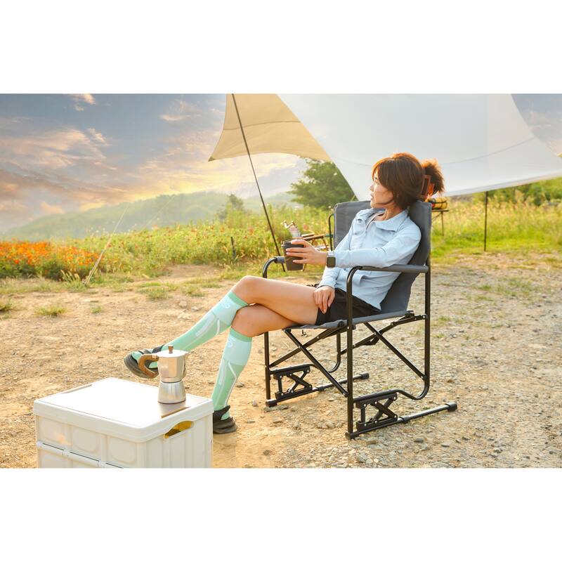 Outdoor Freestyle Rocker Camping Chair Portable Folding Rocking Chair,Durable Armrests,Drink Holder & Backrest