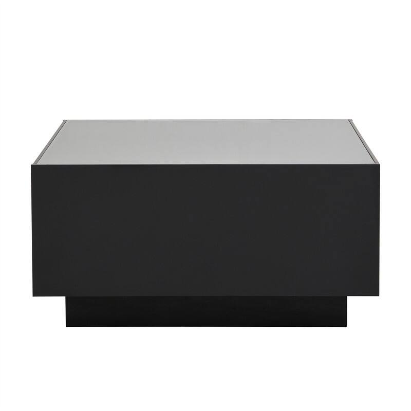 Square Hight Glossy Coffee Table with 16-color LED Strip Lights, Modern Center Table with 5mm Frosted Tempered Glass Top