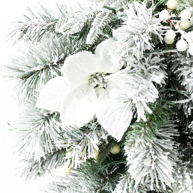 Glitzhome 3ft Pre-Lit Flocked White Poinsettia and Berries Christmas Teardrop