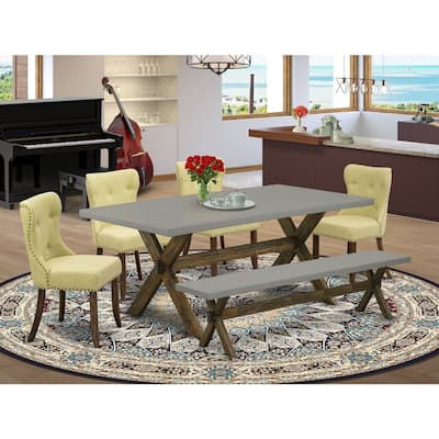 Coastal Charm 6-Piece Dinette Set - Linen Fabric Dining Chairs, Wooden Bench, Rectangular Table