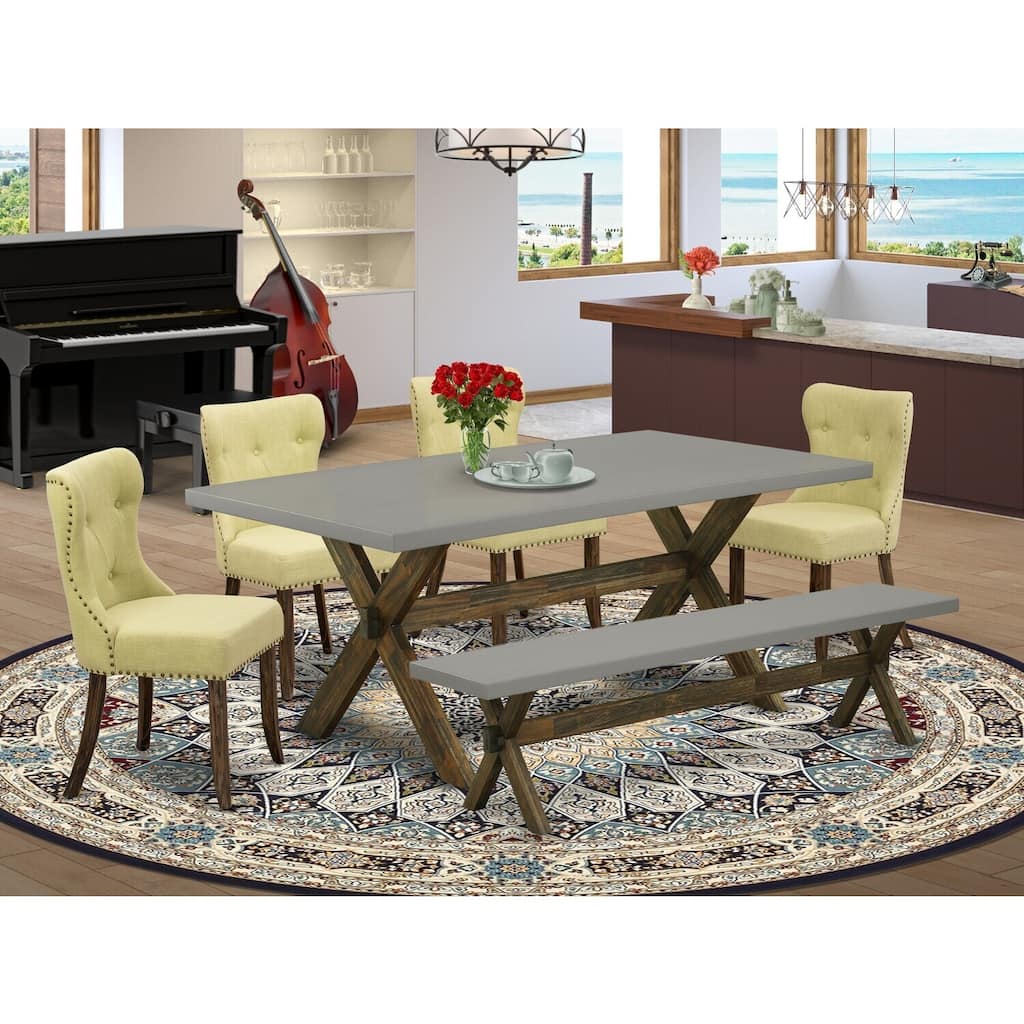 Coastal Charm 6-Piece Dinette Set - Linen Fabric Dining Chairs, Wooden Bench, Rectangular Table