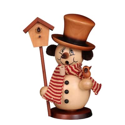 9" Brown and Red Christian Ulbricht Smoker Snowman with Bird Decoration