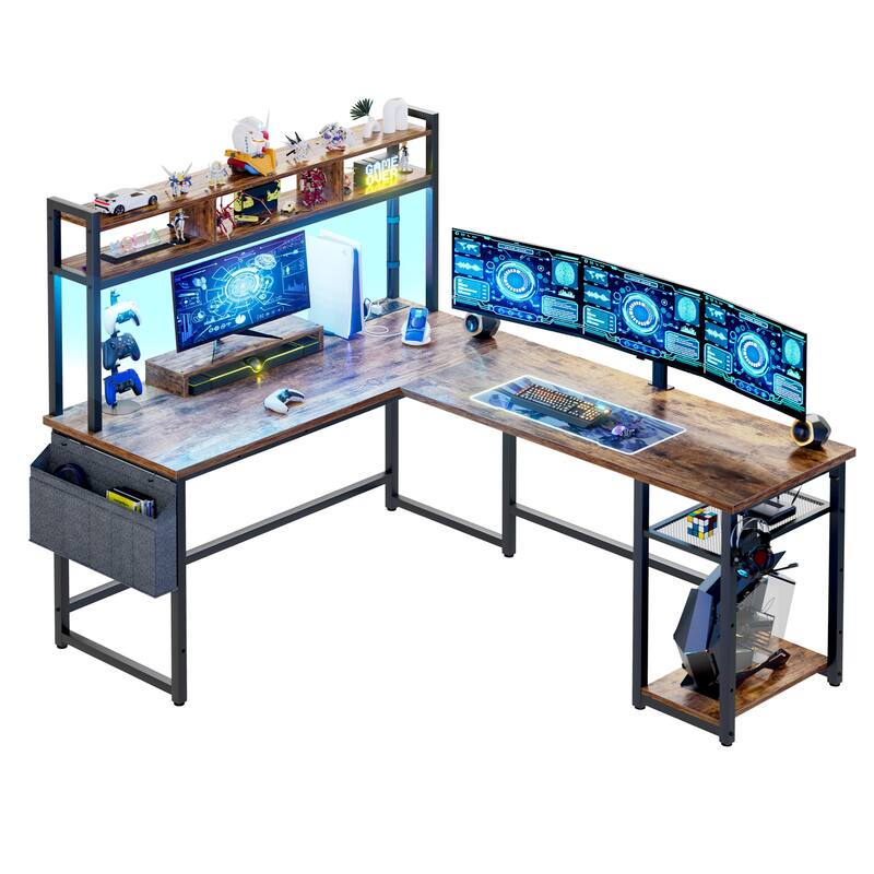 Reversible L-Shaped Desk with Storage Shelves and Hutch, Corner Desk with Charging Station and RGB LED Lights