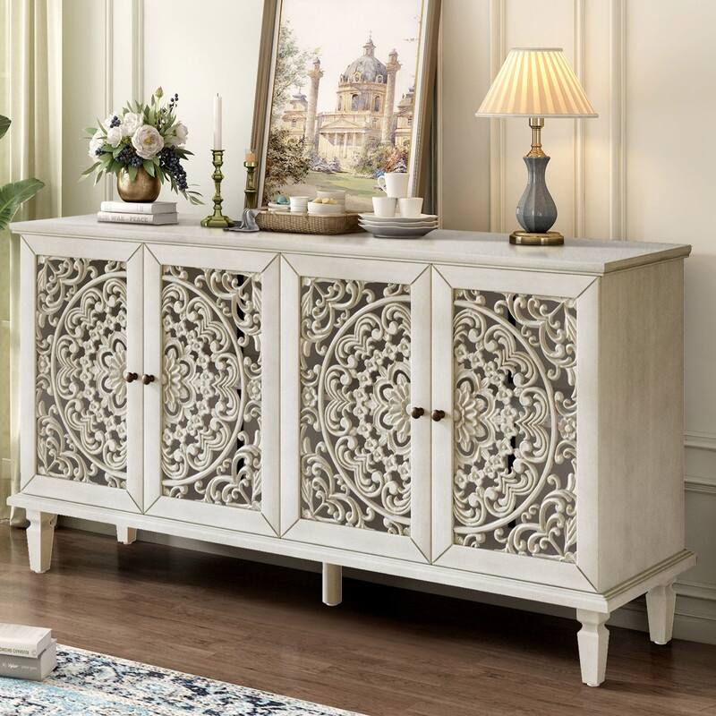 60" Antique Buffet Sideboard with Floral Carvings Solid Wood Legs and Adjustable Shelves for Versatile Storage