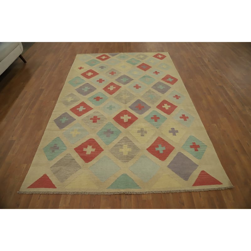 Hand Woven Oriental 100% Wool Carpet Southwestern Modern Beige & Ivories Kilim Area Rug - 9' 1'' X 5' 11''