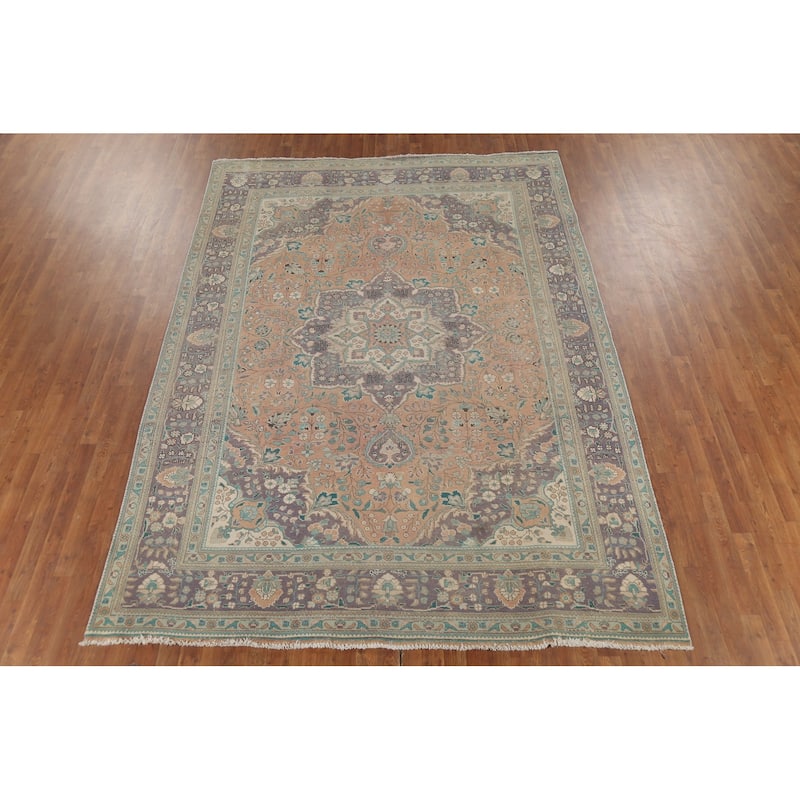 Distressed Tabriz Persian Vintage Rug Hand-Knotted Peach Wool Carpet - 7'10"x 10'8"