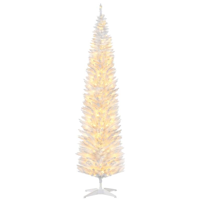 HOMCOM Pre-Lit Slim Noble Fir Tree - Warm White LED Lights, White, Holiday Decor