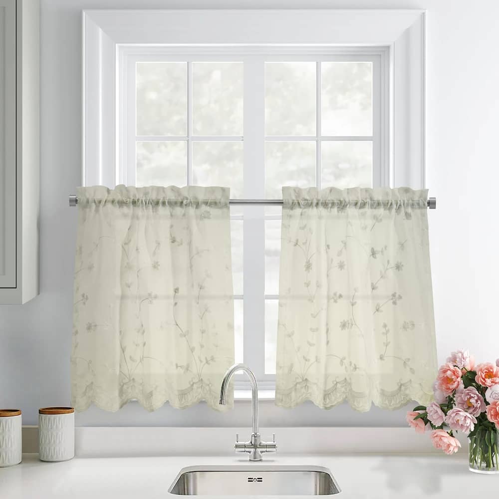 Grandeur Embroidered Sheer Curtain Valance and Tiers with Scallop Detail