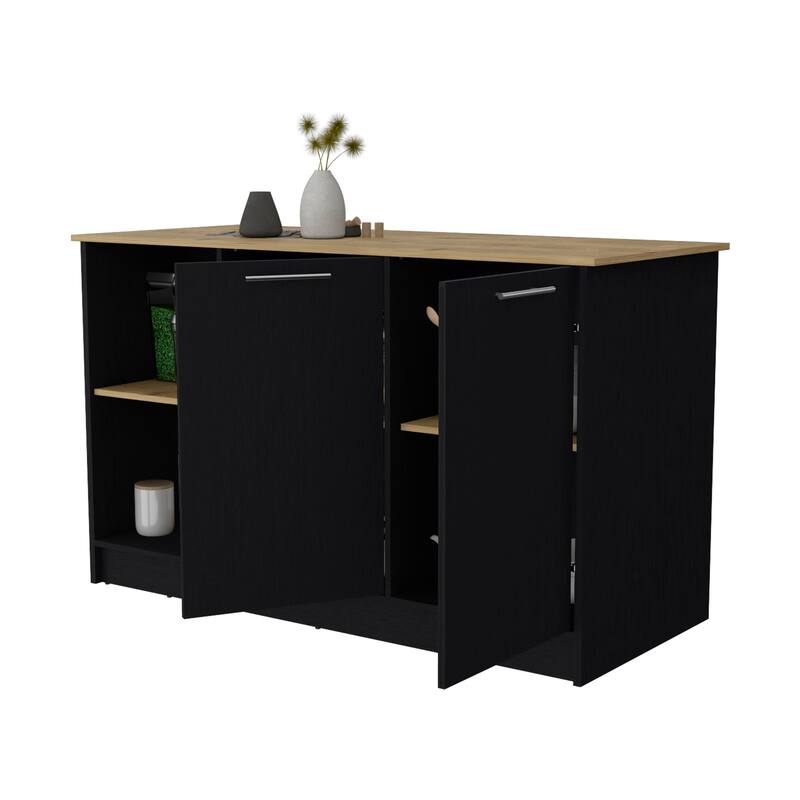 59" Kitchen Island with Large Countertop, Double-Door Cabinets, and Open Shelves, Ideal for Storage & Workspace