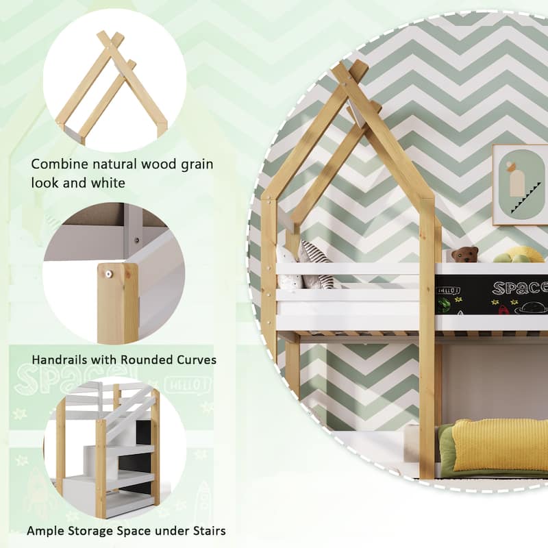 Twin over Twin House Bunk Bed with White Storage Staircase, Blackboards