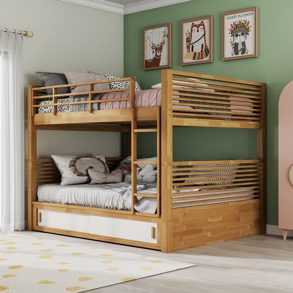 slide 2 of 12, Furniture of America Ogden Oak Solid Wood Twin Over Twin Bunk Bed with Attached Ladder Light Oak