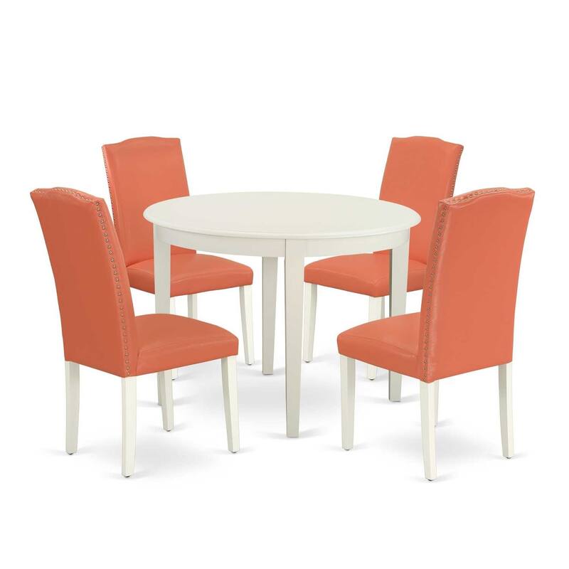 Round Kitchen Table Set 5pc - Pink Flamingo & Linen White - Dining Table & 4 Chairs - Modern Asian Design